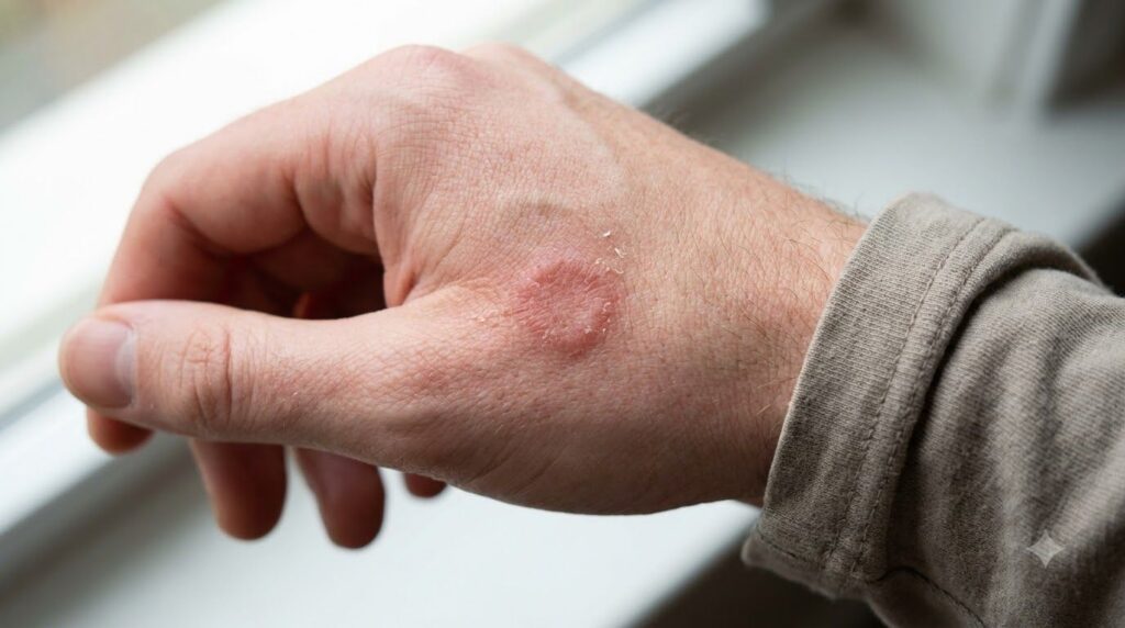 A close-up of a hand with a small red patch indicating skin irritation emphasizing the need for a patch test
