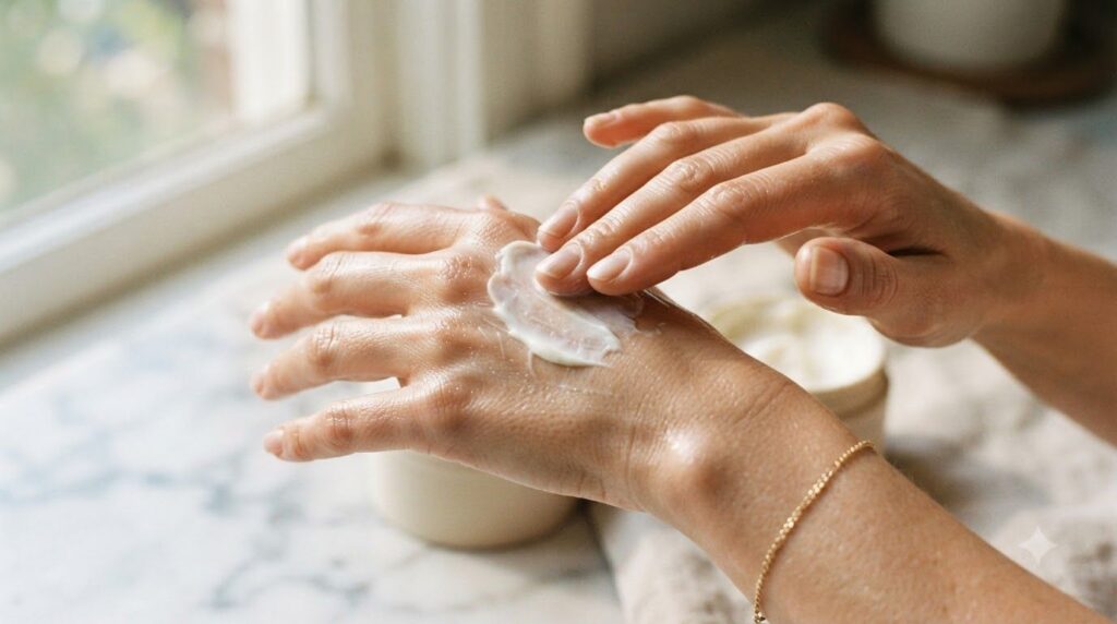 Hands gently massaging a white paste onto the back of the hand showing a careful application process