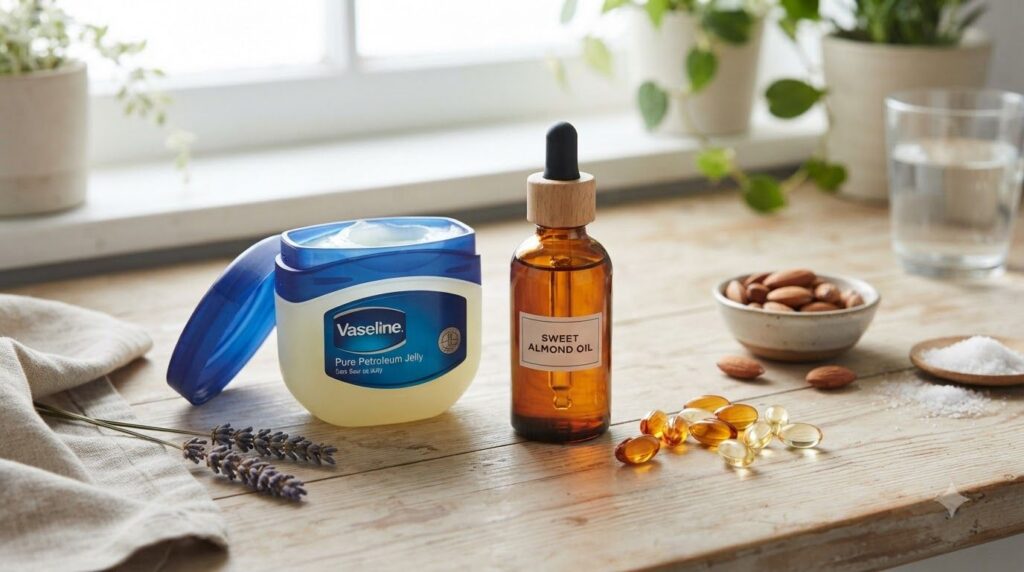Various skincare ingredients laid out including a jar of Vaseline a bottle of almond oil and vitamin E capsules on a cle