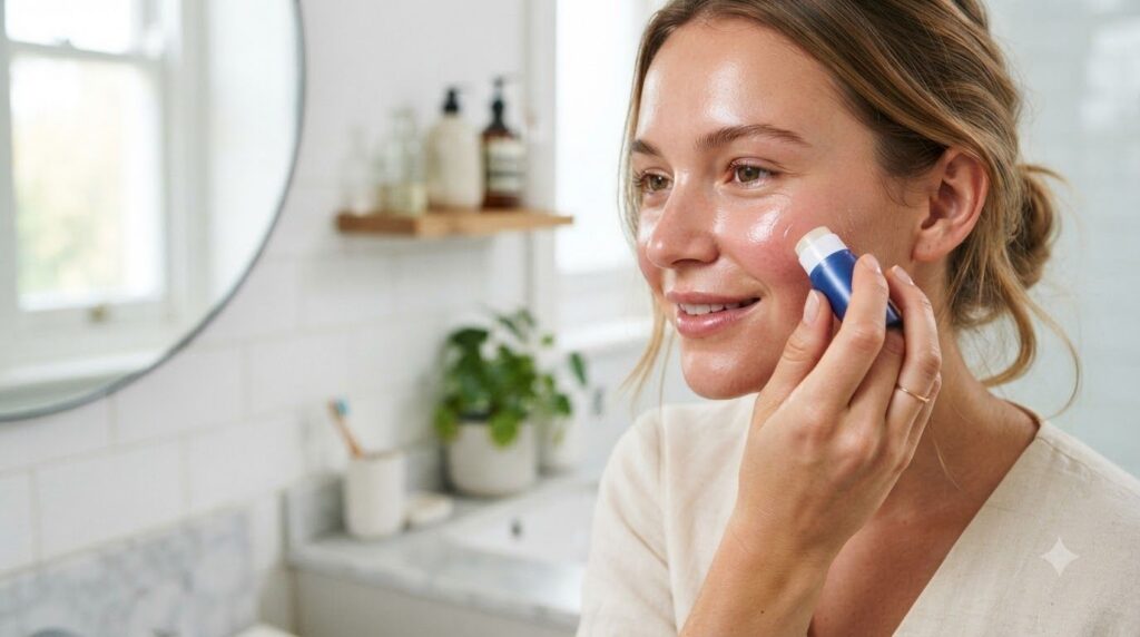 A person s hand applying a small amount of the Vaseline glow balm to their cheek gently massaging it into the skin The s