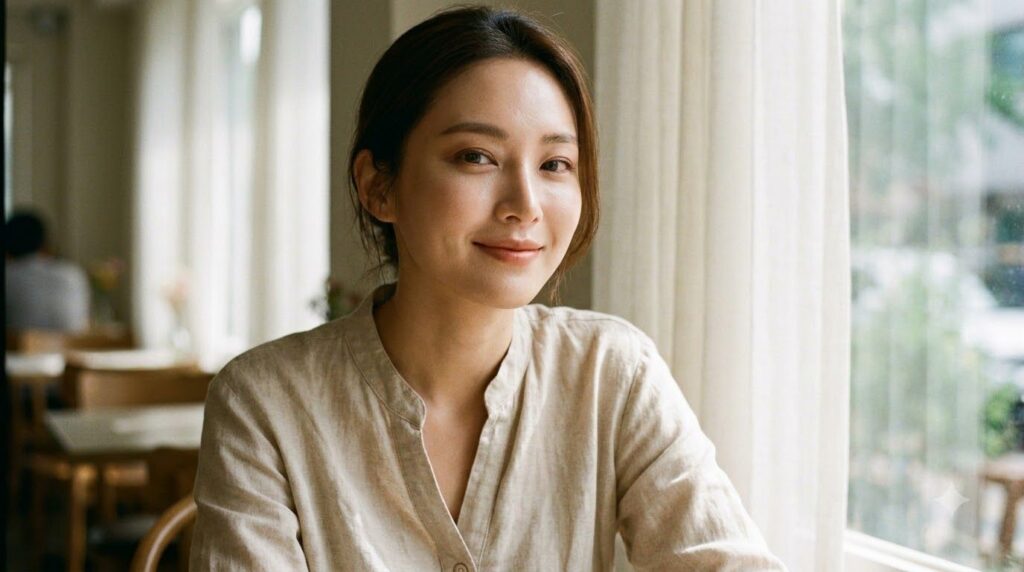 A woman with a radiant clear complexion smiling gently showcasing bright and even skin tone