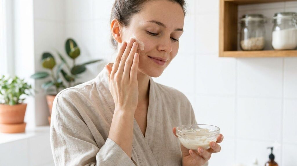 A woman gently applying a potato and honey face mask to her clean face with her fingertips The mask is visibly on her ch