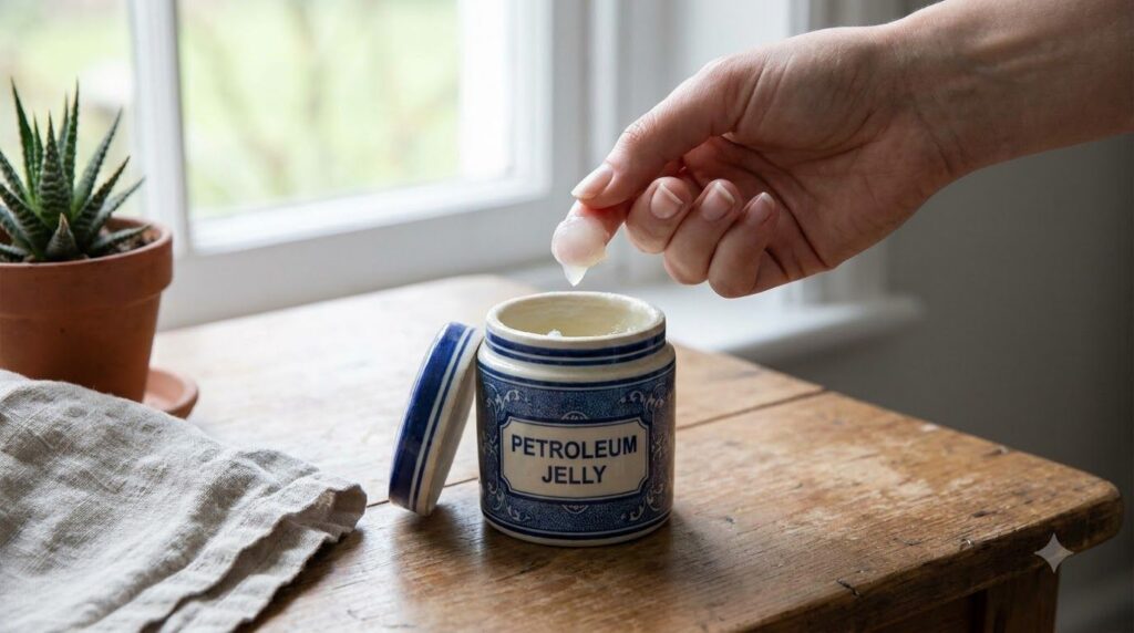 Close-up of a hand scooping a small amount of petroleum jelly from a jar