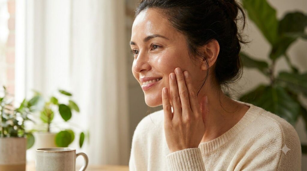 A woman gently touching her hydrated glowing face after applying skincare