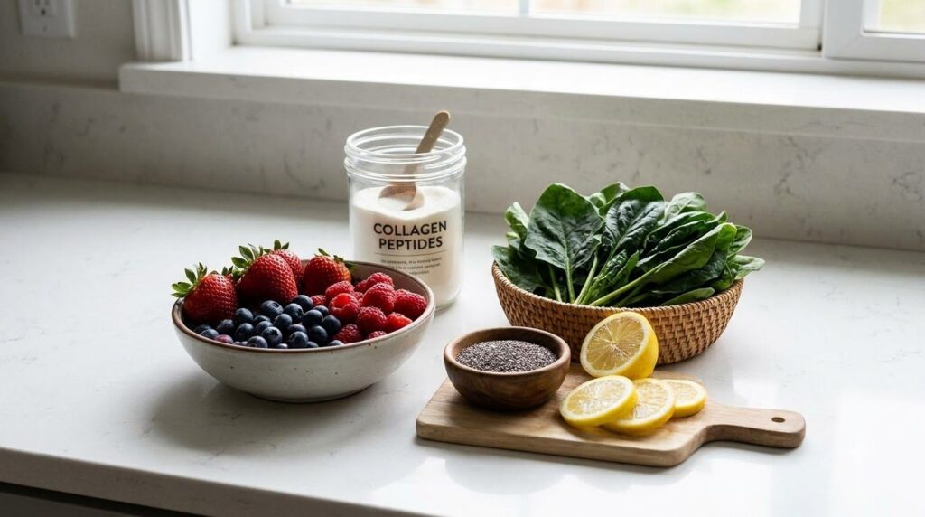 Various glow drink ingredients laid out on a kitchen counter including mixed berries spinach a jar of collagen chia seed