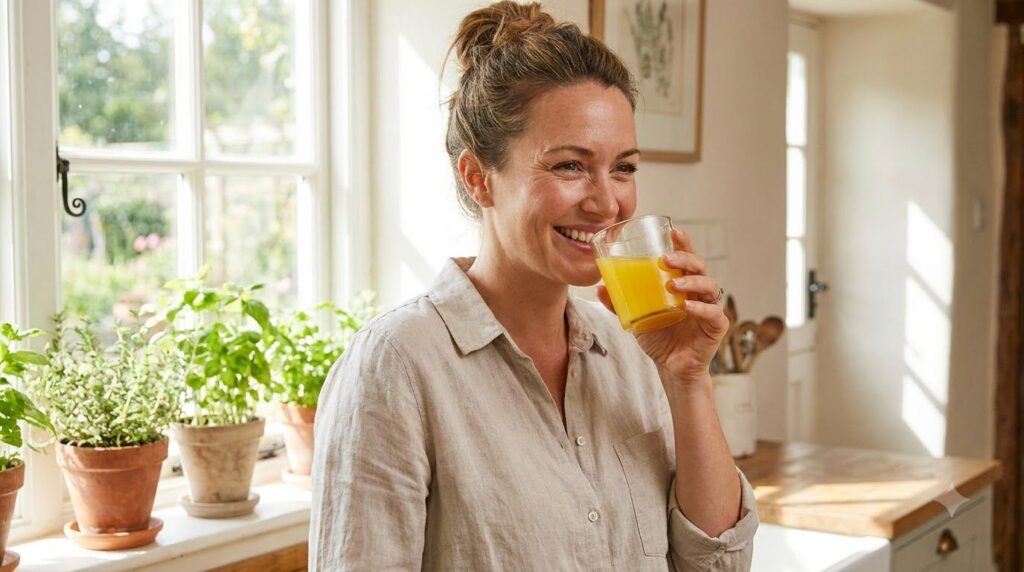 A woman smiling and taking a sip of the vibrant glow drink in a natural bright setting