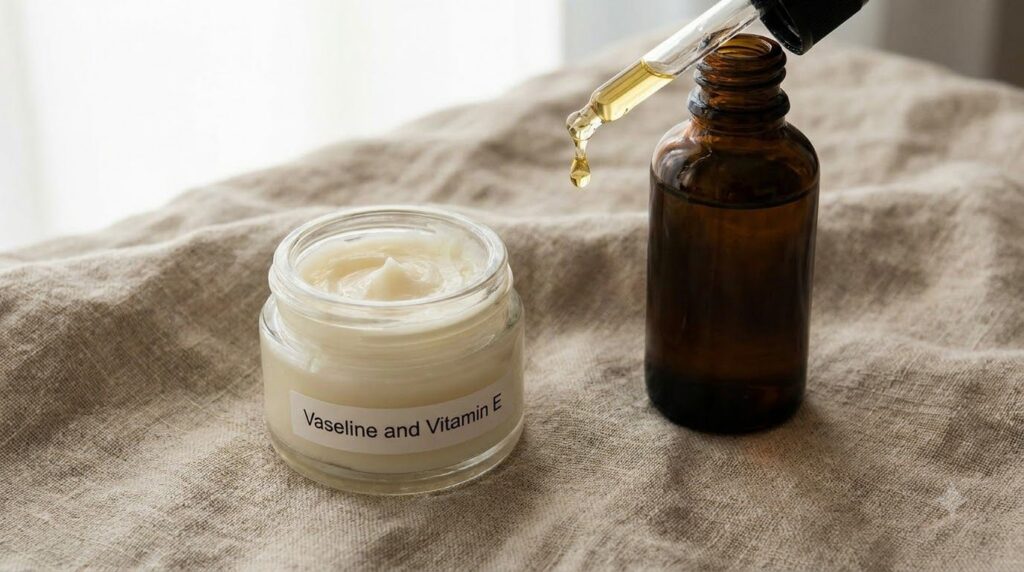 A small jar of the Vaseline and Vitamin E oil mixture next to a few drops of Vitamin E oil in a dropper bottle set again