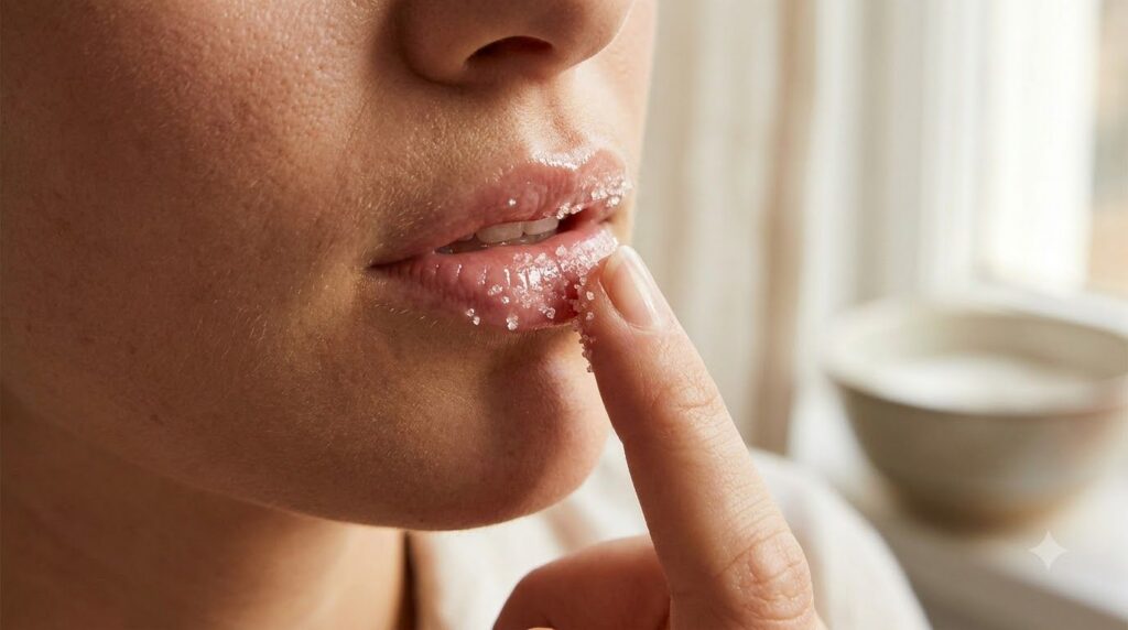 A close-up of a person s lips being gently scrubbed with the Vaseline and sugar mixture showing the texture of the scrub