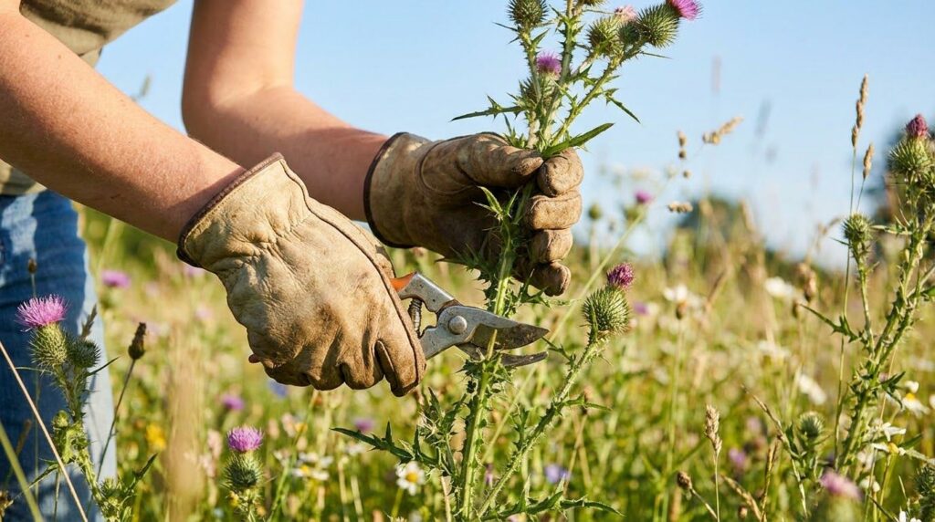 A person wearing gardening gloves and holding clean shears carefully harvesting a thistle stalk in a natural unsprayed f