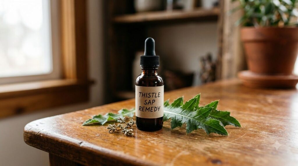 A small dark glass dropper bottle labeled Thistle Sap Remedy on a wooden surface next to a few fresh thistle leaves sugg