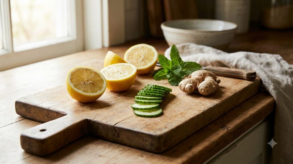 Various fresh ingredients for a glow drink laid out on a wooden cutting board whole lemon sliced cucumber a piece of gin