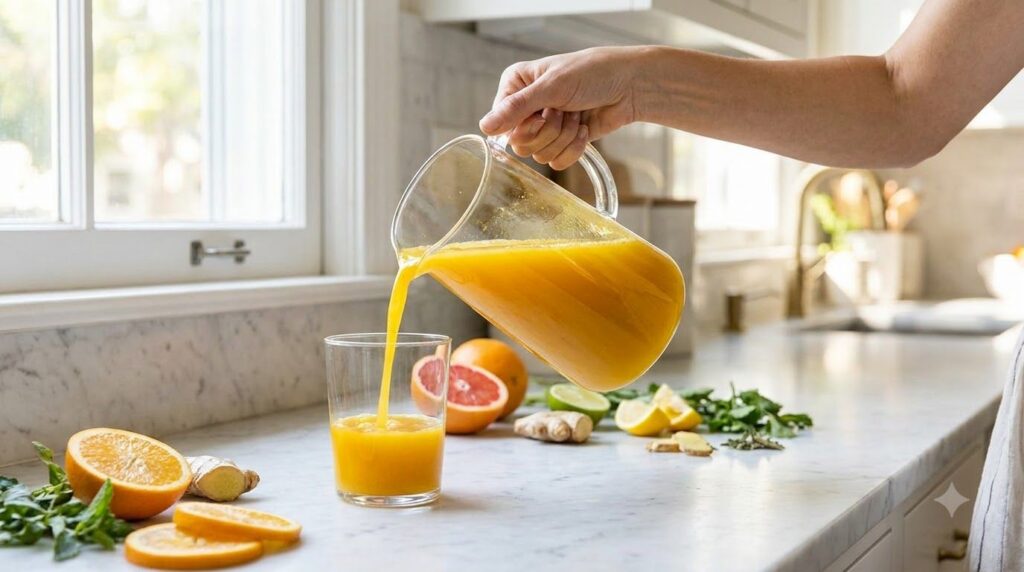 A woman s hand pouring the freshly prepared glow drink from a pitcher into a glass with a bright clean kitchen backgroun
