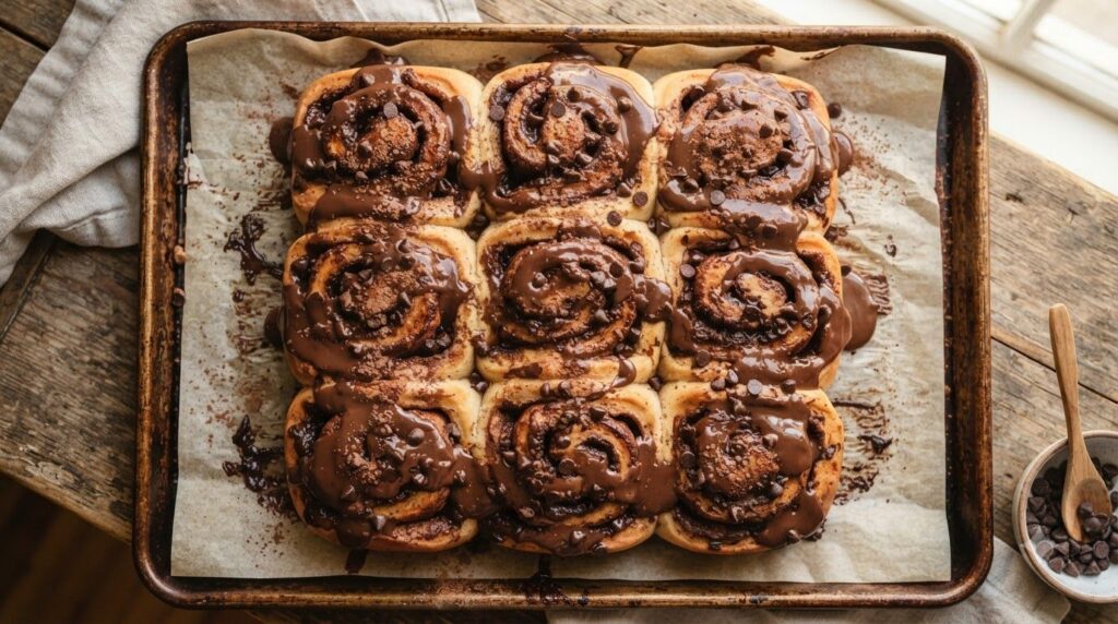 Decadent chocolate cinnamon rolls with chocolate chips baked in topped with a rich chocolate glaze Arranged on parchment