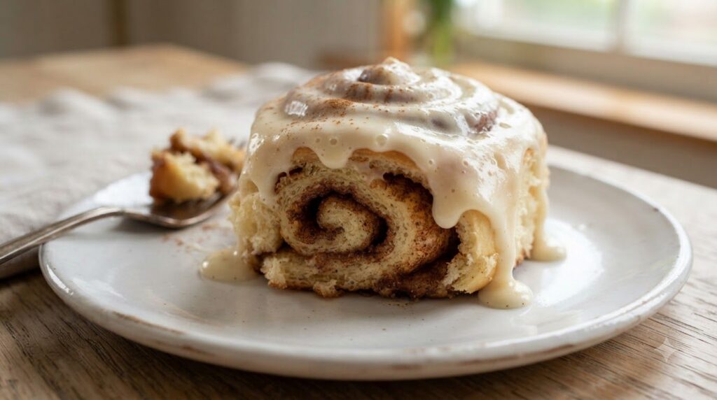 Fluffy classic cinnamon rolls with a thick swirl of cinnamon filling and generous cream cheese frosting on a white plate