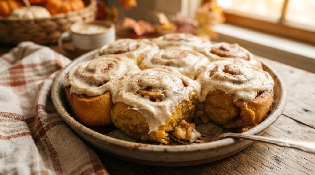 Cozy pumpkin spice cinnamon rolls warm and topped with a spiced cream cheese frosting garnished with a sprinkle of extra