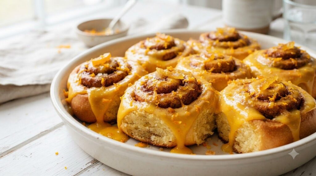 Bright and zesty orange glazed cinnamon rolls with fresh orange zest scattered on top On a clean white background