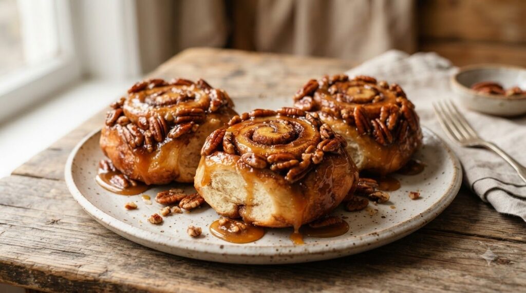Sticky gooey pecan caramel cinnamon rolls upside-down with rich caramel and toasted pecans on top On a rustic plate