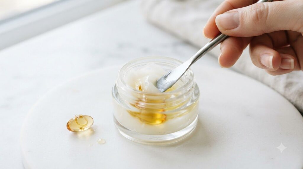 Close-up shot of a small container with Vaseline and the contents of a Vitamin E capsule being mixed with a tiny spatula