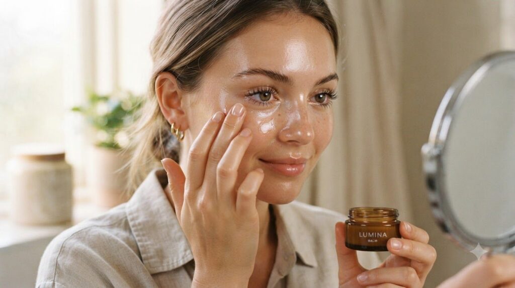 A woman gently applying a small amount of the balm to her face focusing on the area around her eyes with soft glowing sk