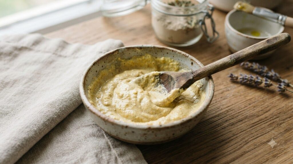 A close-up of the natural face mask mixture in a small ceramic bowl with a wooden spoon mixing the ingredients The mask 