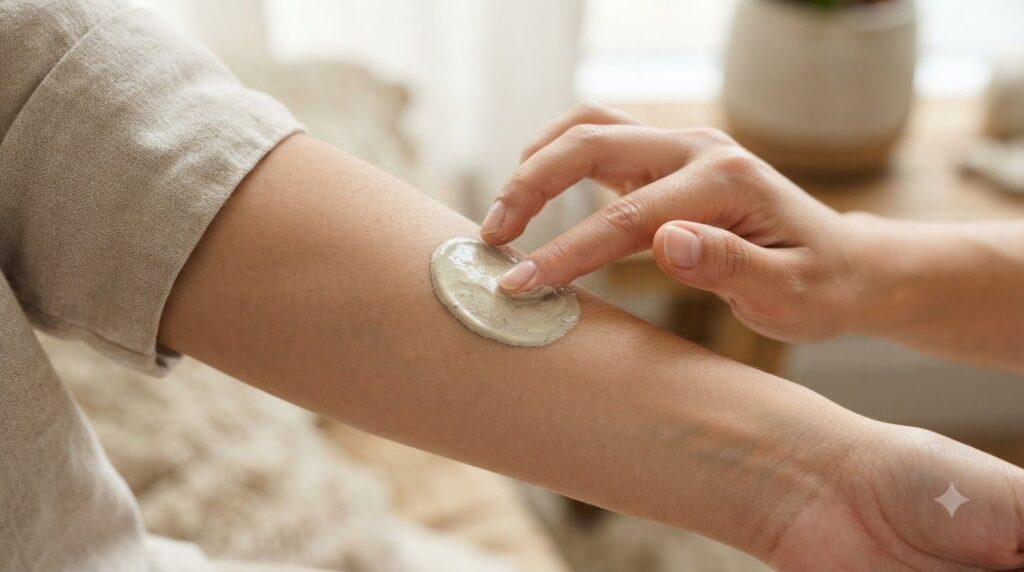 A small clean hand gently performing a patch test of the face mask on the inner forearm The skin looks healthy and clear