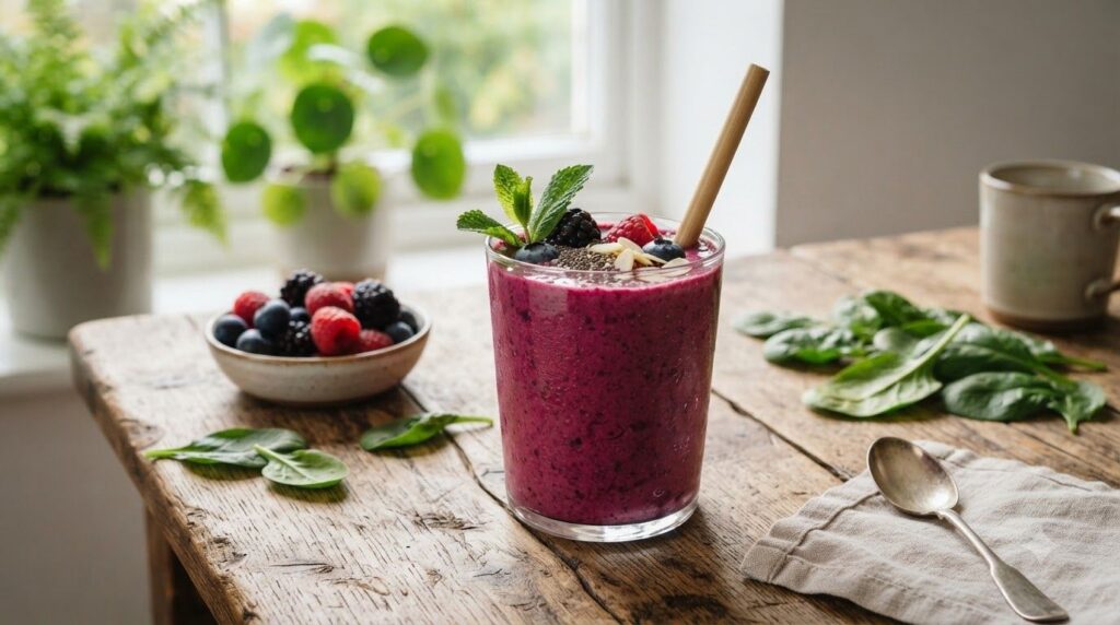 A vibrant and colorful smoothie with berries spinach and other healthy ingredients in a clear glass garnished with a ber