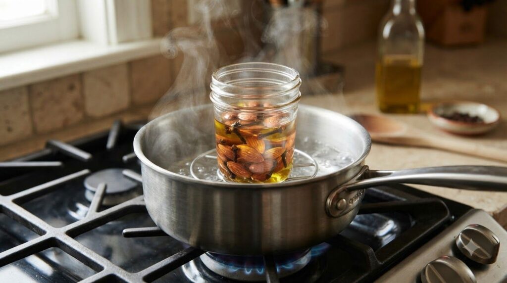 A close-up shot of a small saucepan on a stovetop with a glass jar inside containing almonds cloves and oil gently infus