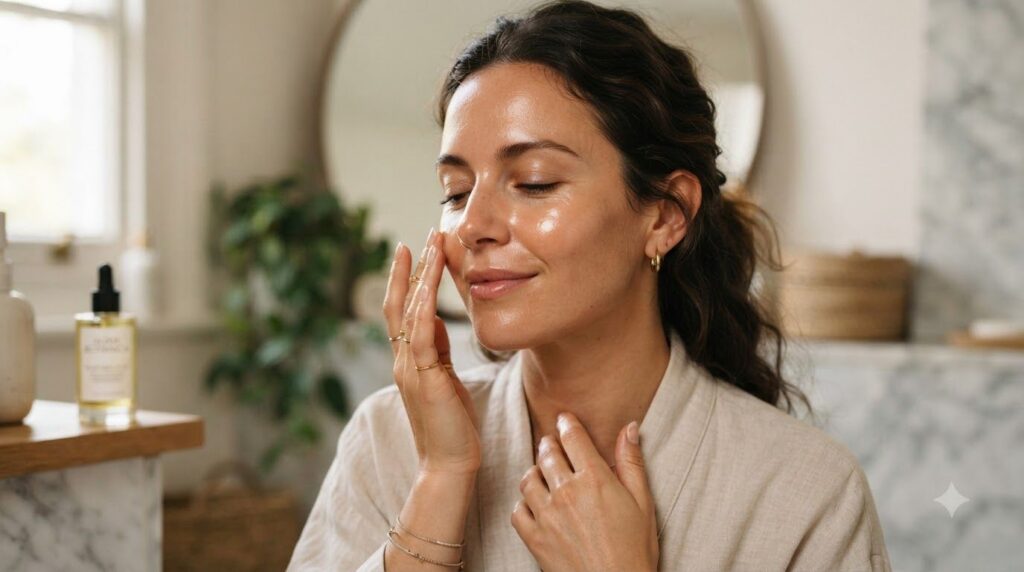 A woman gently massaging a few drops of facial oil onto her cheek with a serene expression Her hands are clean and the f