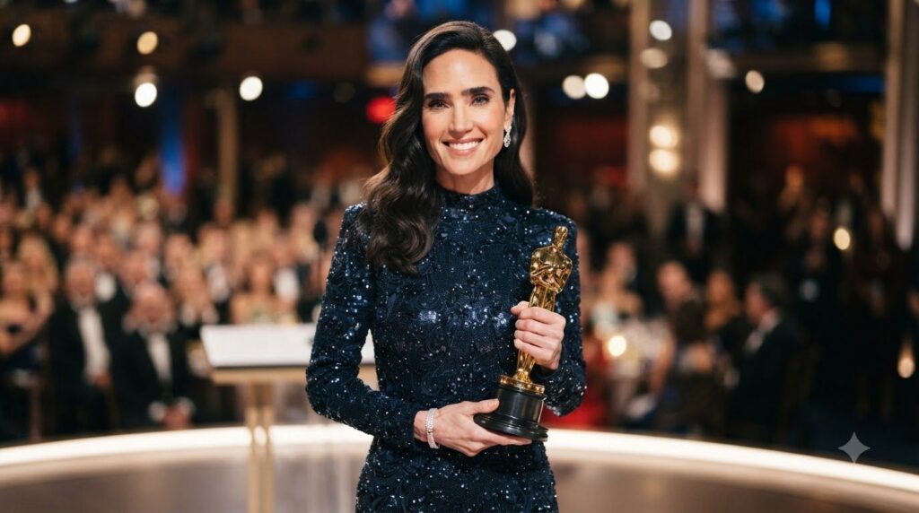 Jennifer Connelly holding her Academy Award for Best Supporting Actress smiling