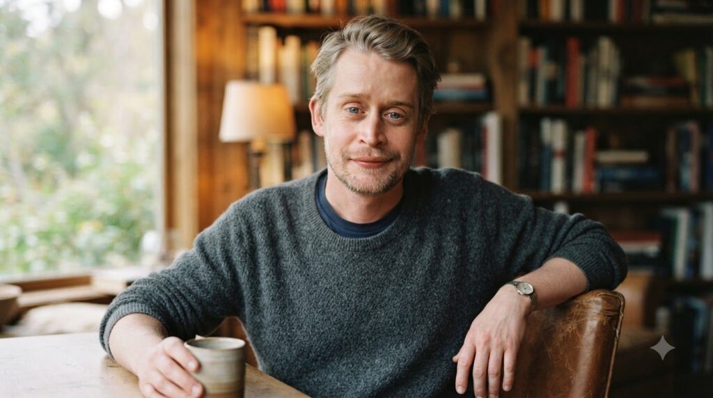 A more recent photo of Macaulay Culkin as an adult showing his distinctive facial features and eyes perhaps at a public 