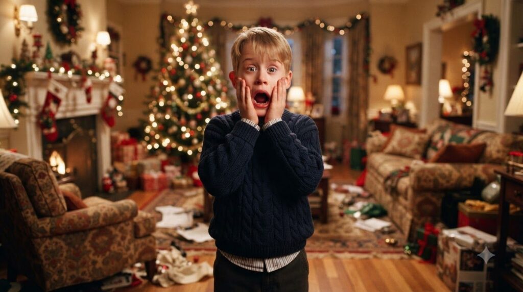 A movie poster for the film Home Alone featuring Macaulay Culkin in his iconic scream pose