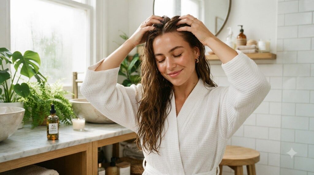 A woman gently massaging the DIY hair tonic into her scalp with her fingertips her eyes closed in relaxation showcasing 