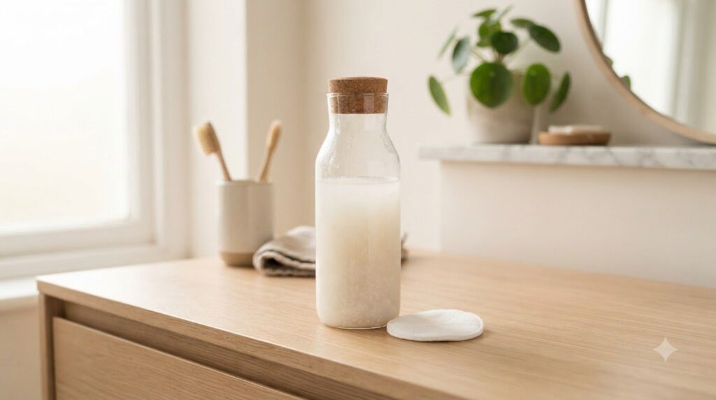 A clear glass bottle filled with prepared rice water with a fresh cotton pad resting beside it on a vanity