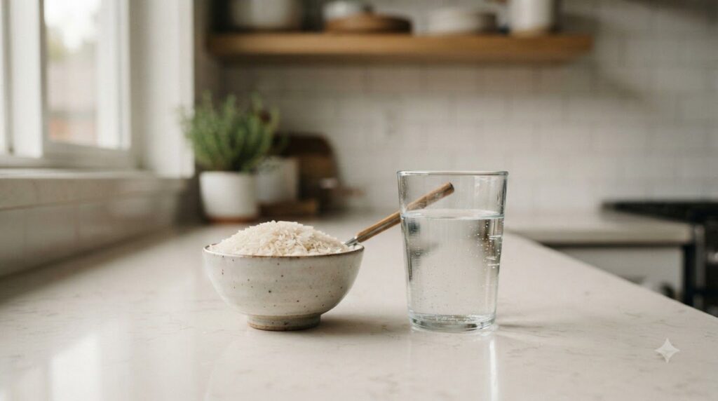 A bowl of uncooked white rice next to a glass of filtered water on a kitchen counter ready for preparation