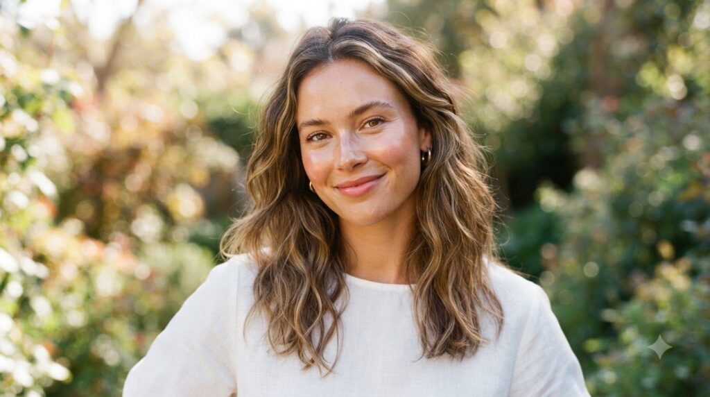 A woman with clear radiant glowing skin smiling subtly to show a healthy complexion