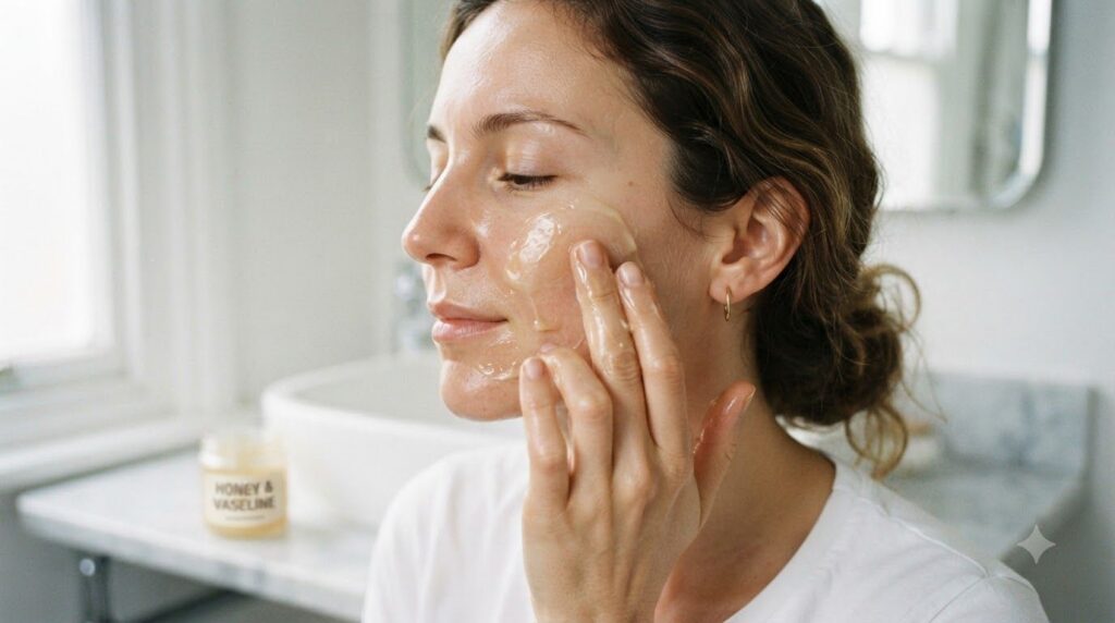 A woman s hand gently applying the honey and Vaseline mask to her clean face with a focus on the texture of the mask