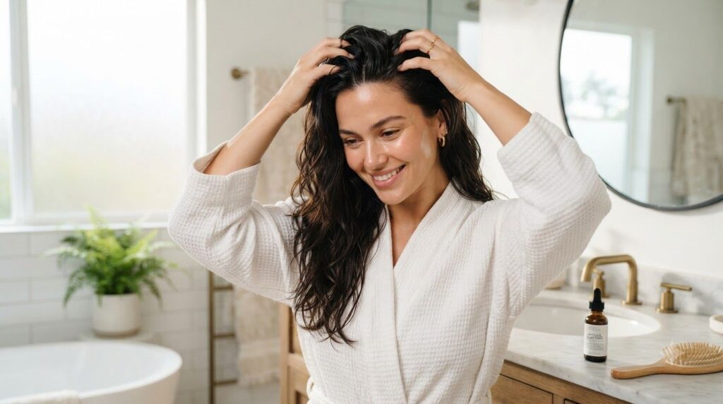 A woman gently massaging her scalp with fingertips while applying an unseen hair tonic showing a healthy shiny head of h