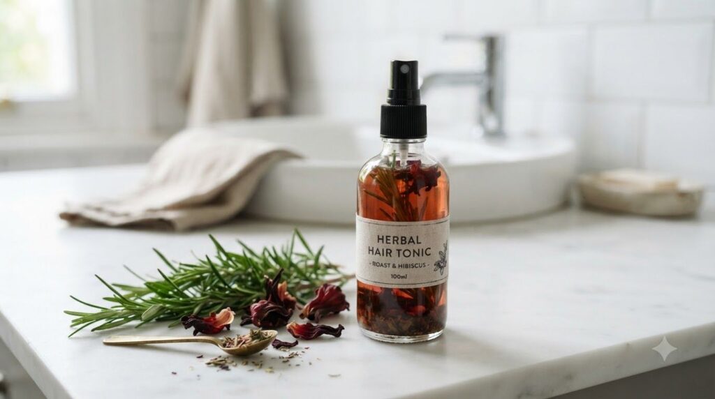 A clear glass spray bottle filled with a reddish-brown herbal hair tonic with a few fresh rosemary sprigs and hibiscus f