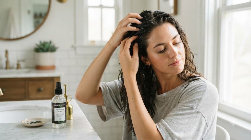 A person gently massaging the rosemary hibiscus and bay leaf hair tonic into their scalp with their fingertips after app
