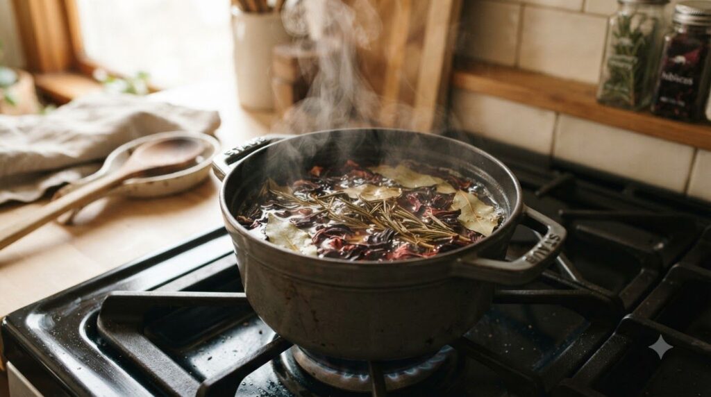 A close-up shot of a pot on a stove with hot water and dried rosemary hibiscus and bay leaves steeping Steam is gently r