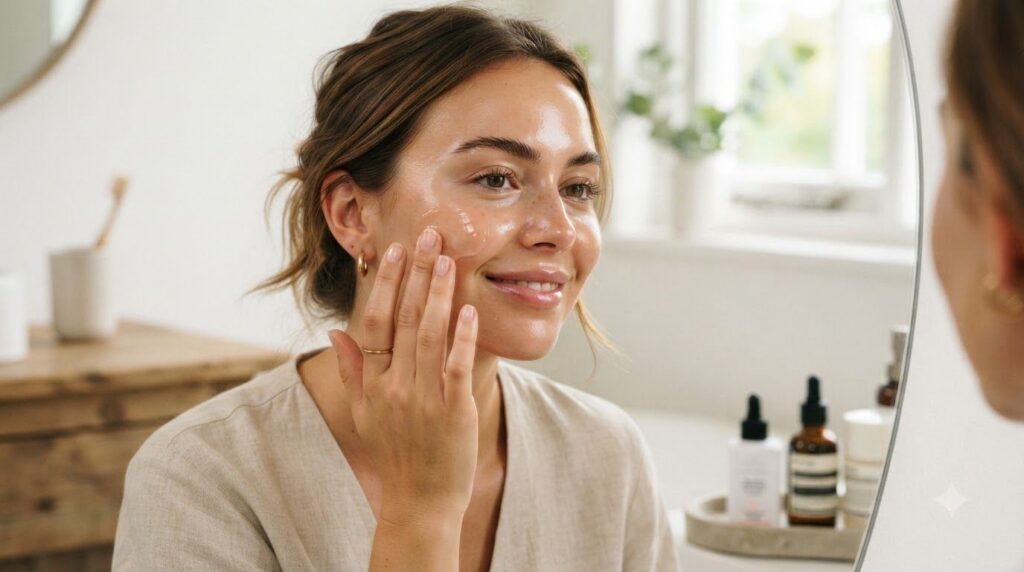 A woman gently applying a clear gel to her cheek demonstrating the method of use Her skin looks healthy and radiant