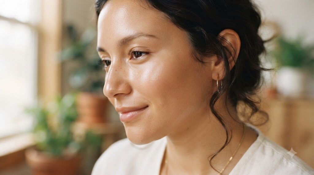 Close-up of a woman s radiant smooth skin after using a beauty gel showing a soft healthy glow