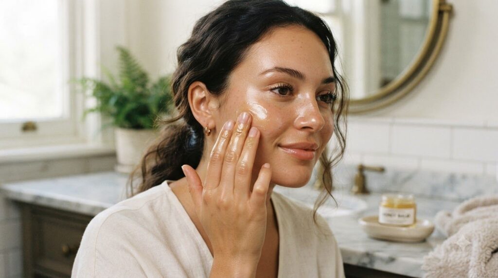 A woman gently applying the raw honey and vaseline mixture to her cheek