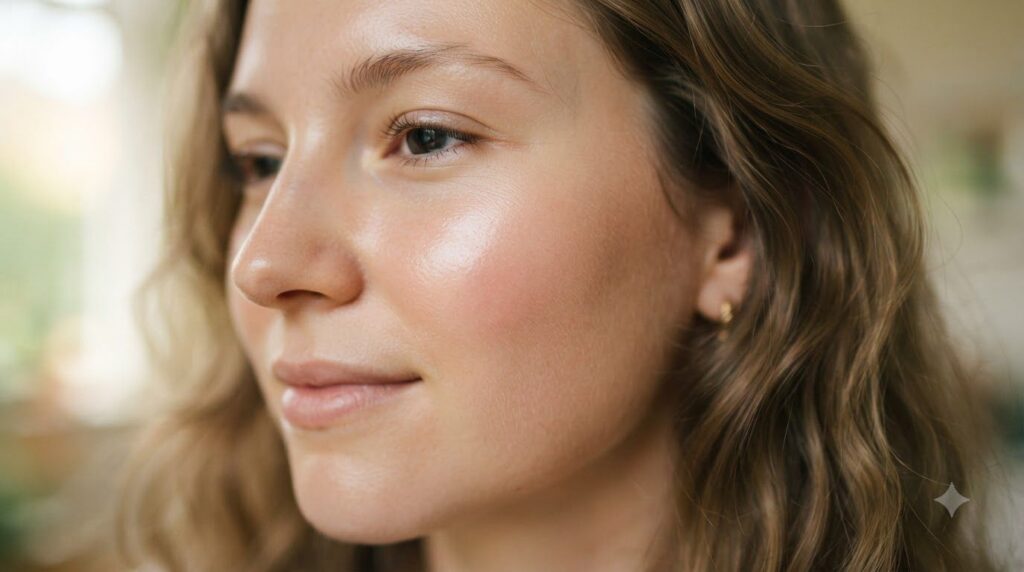 A close-up of healthy glowing skin on a woman s face possibly her cheek with a soft focus background