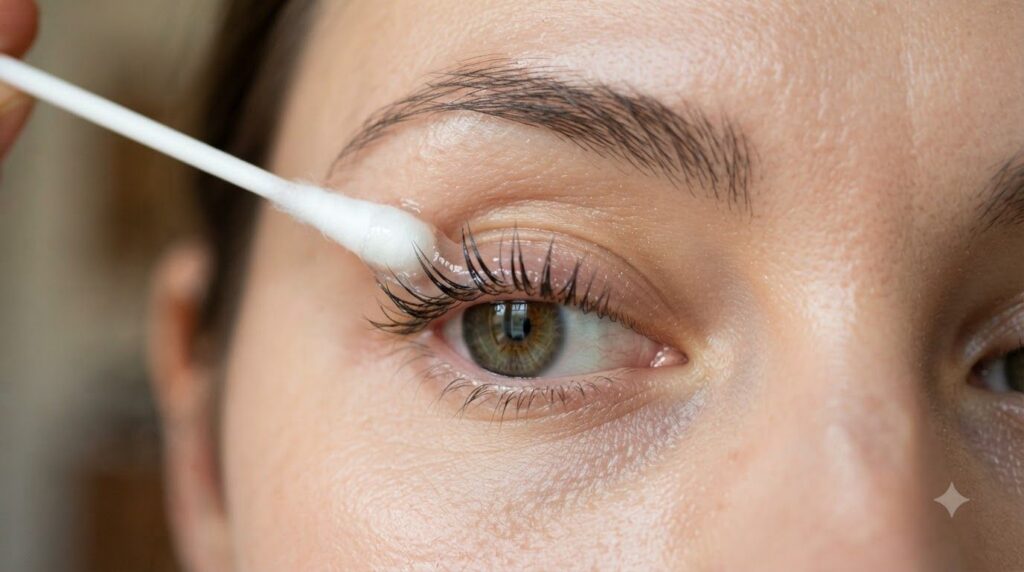 A person applying Vaseline to their eyelashes with a cotton swab showing a close-up of the eye area with well-defined la