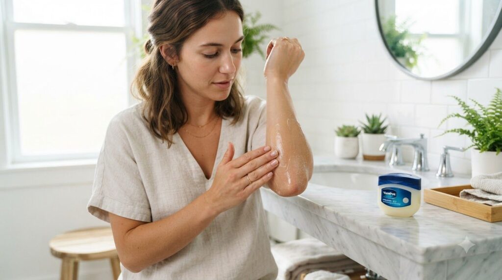 A woman applying Vaseline to her dry elbows showing the moisturizing effect on the skin