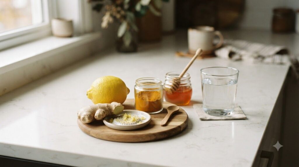 Ingredients for a glow drink laid out on a kitchen counter lemon fresh ginger root a jar of turmeric powder honey and a 