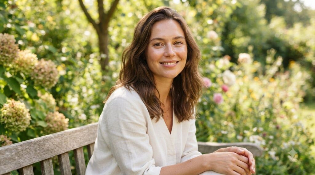 A woman with a fresh radiant complexion smiling softly implying a no makeup glow in a natural light setting