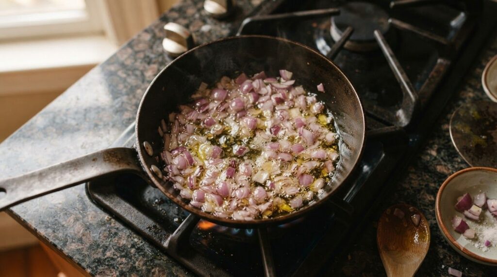 A step-by-step image showing chopped onions being gently simmered in a pot with a golden carrier oil illustrating the in