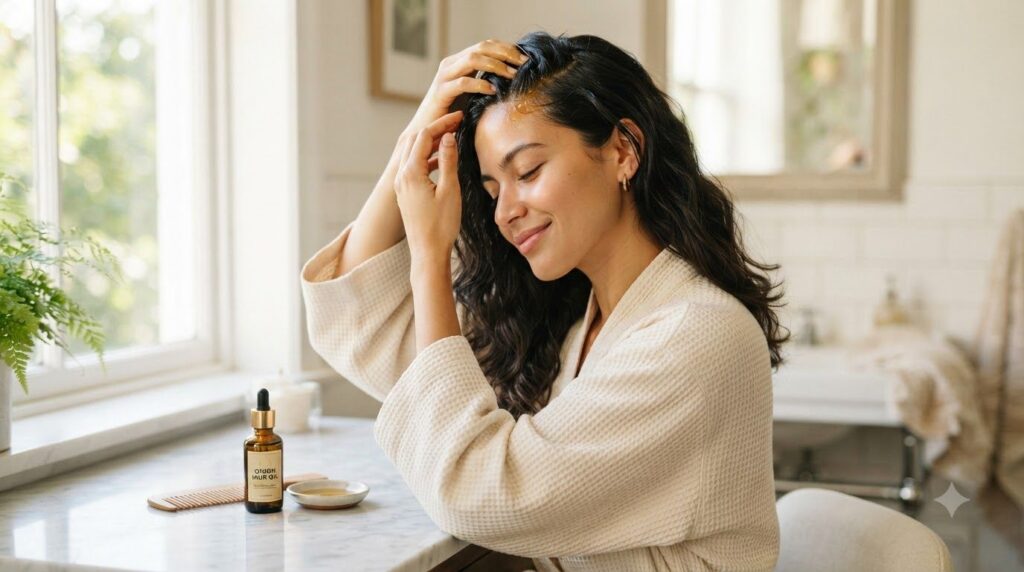 A woman gently massaging the onion oil into her scalp with a serene expression demonstrating the application process